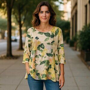 Melissa Paige  top lace overlay lined floral Boho Sz M Petite